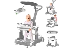 PIONEVOX Baby Walker, 5 Modes Foldable Baby Walker with Wheels, Music, 4-Height Baby Toddler Walker with Push Handle, Baby Bouncer, Food Tray, Sunshade, Baby Walkers for Babies 6-12 Months Boys Girls (Grey)