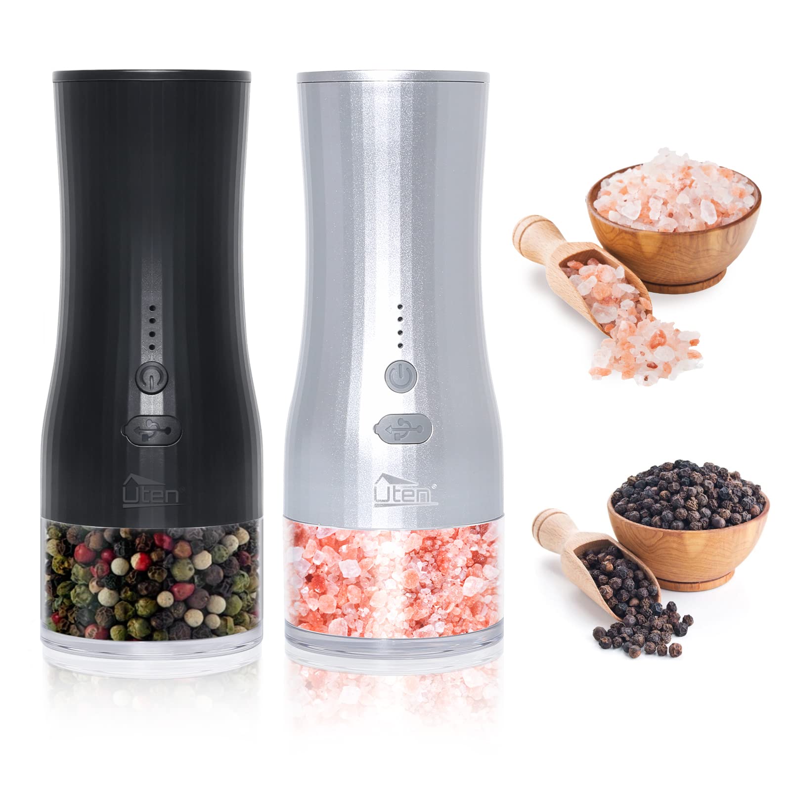 Electric Salt and Pepper Grinder Set, Pepper Grinder, Salt Grinder, Salt and Pepper Mill Rechargeable with Light, Adjustable Coarseness, Refillable 120ML Capacity, 2Pcs
