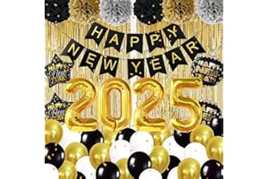 DUILE 2025 Happy New Year Decorations New Years eve Party Supplies 2025 Include Paper Flower New Year Banner Balloons Curtains Foil Star Balloons for Happy New Year Party