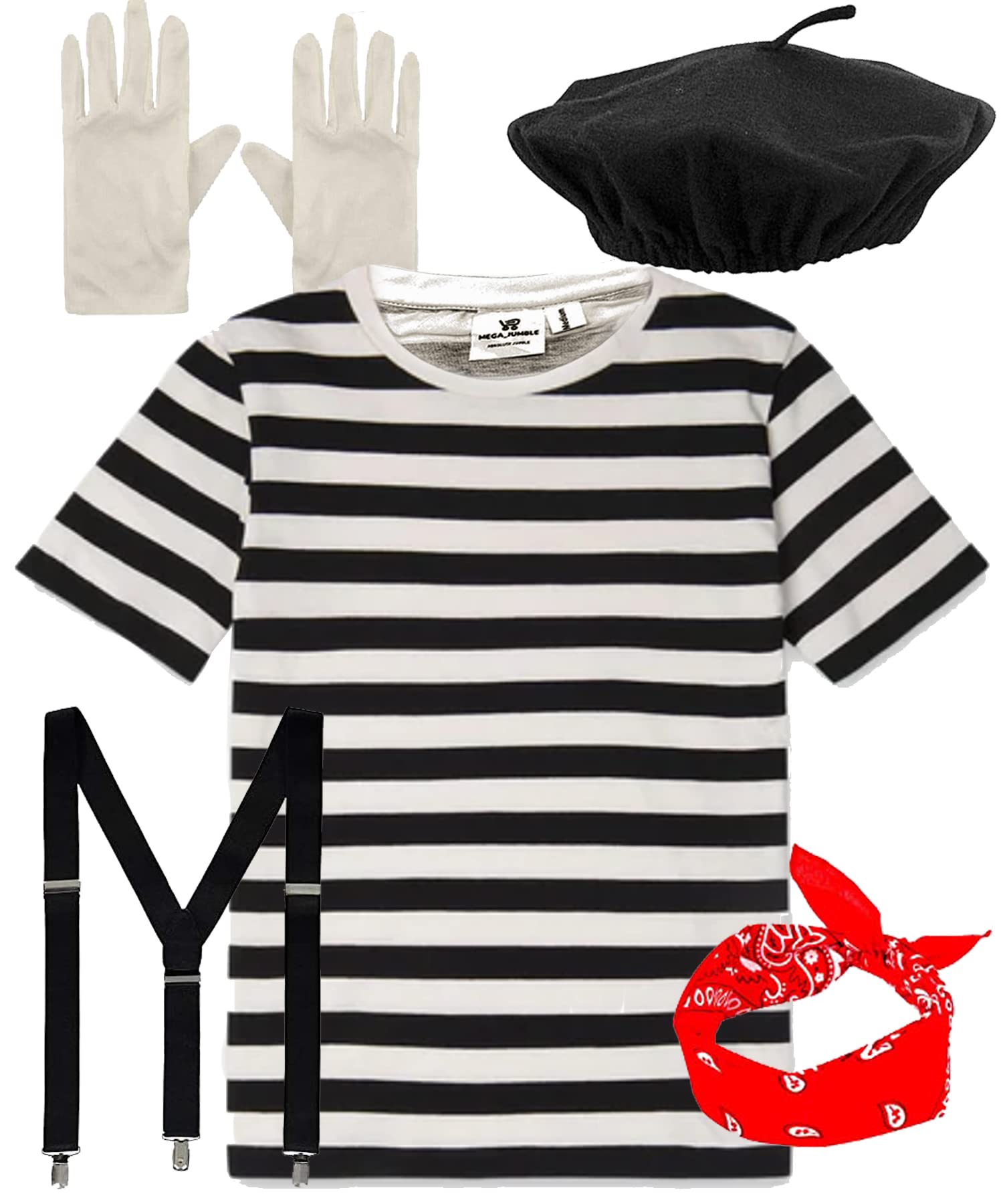 Mega_JumbleSale® French Women/Ladies French Set MIME ARTIST Costume - Black Beret Hat, T-shirt, Scarf, Gloves, Braces - Cosplay Theme Party Fancy Dress (XXL - 18)