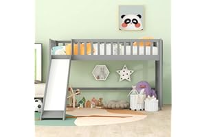 Bellemave Twin Size Loft Bed for Kids,Low Loft Bed with Slide and Ladder,Wood Loft Bed Twin for Girls Boys,Grey