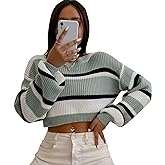 ZAFUL Women's Color Block Striped Sweater Crew Neck Lantern Sleeve Cropped Sweaters Casual Loose Knitted Tops