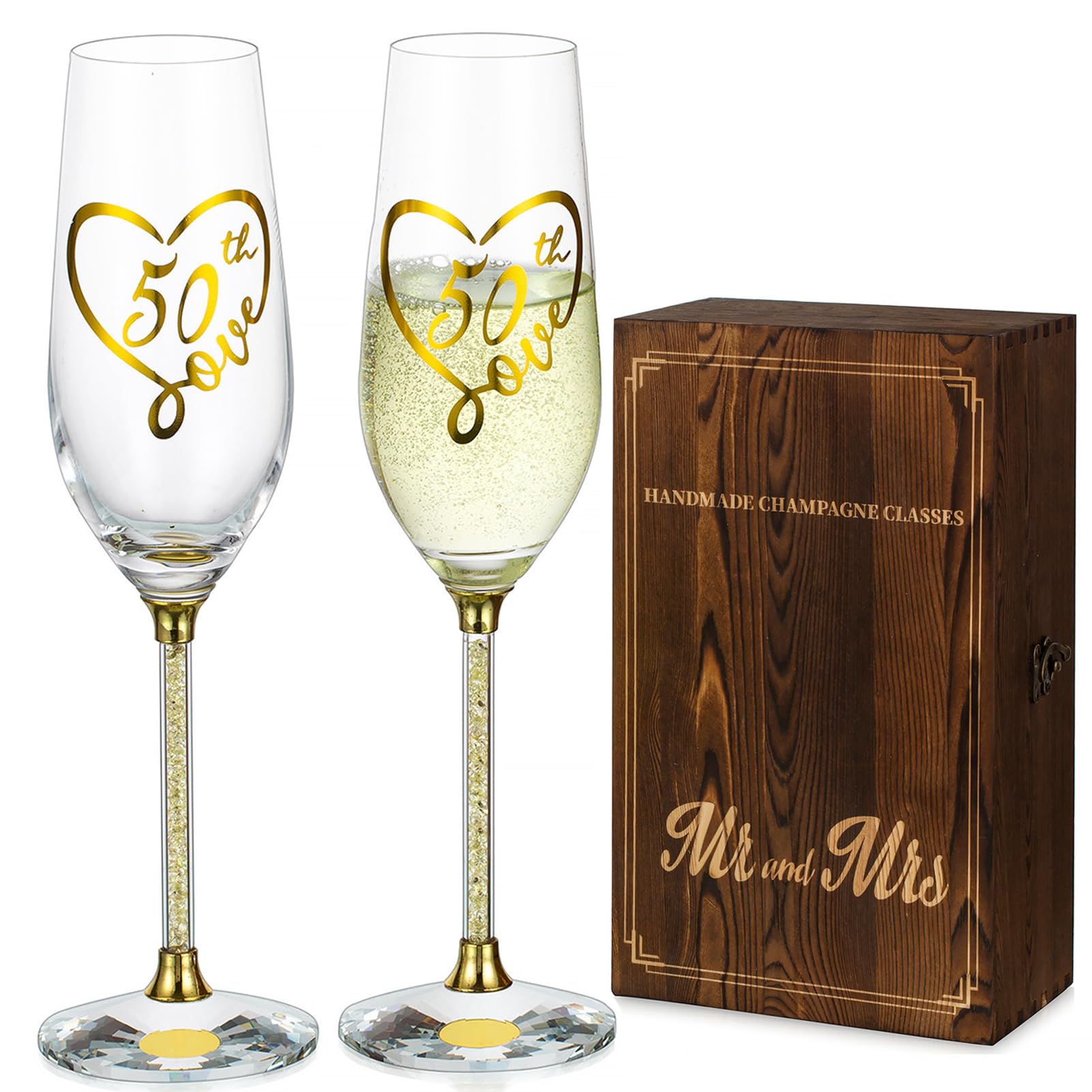 NUPTIO 50th Anniversary Wedding Gifts: Set of 2 Gold Champagne Flutes with Wooden Box for Couple Parents Friend Women Crystal Glasses Gift