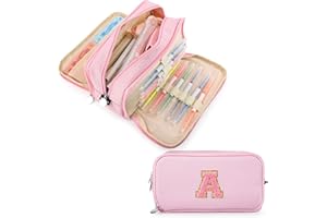 Nuozme Extra Large Capacity Pencil Case 3 Compartment Initial Pencil Pouch Personalized Cute Aesthetic Stationery Pen Case Bag for School Teen Girl Boy Men Women Gift (A, Pink)