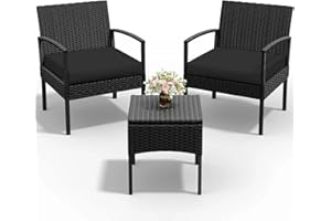 PROHIKER 3 PCS Patio Rattan Conversation Chairs Set, Outdoor Patio Furniture Balcony Furniture Set, Wicker Patio Set for Garden Porch Balcony Yard Sunroom, Black
