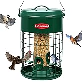 Kingsyard Upgraded Squirrel Proof Caged Bird Feeder for Outdoor Hanging - Additional Storage Tube Bird Feeder with 4 Feeding Ports & Perches, Easy to Clean & Refill. Green