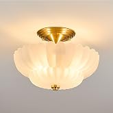 Glazart Luxa 11.8" Vinatge Scalloped Glass Semi Flush Mount Ceiling Light | Milk White Frosted Glass with Gold Brass Metal, Close to Ceiling Light Fixtures for Bedroom Entryway Hallway Foyer Kitchen
