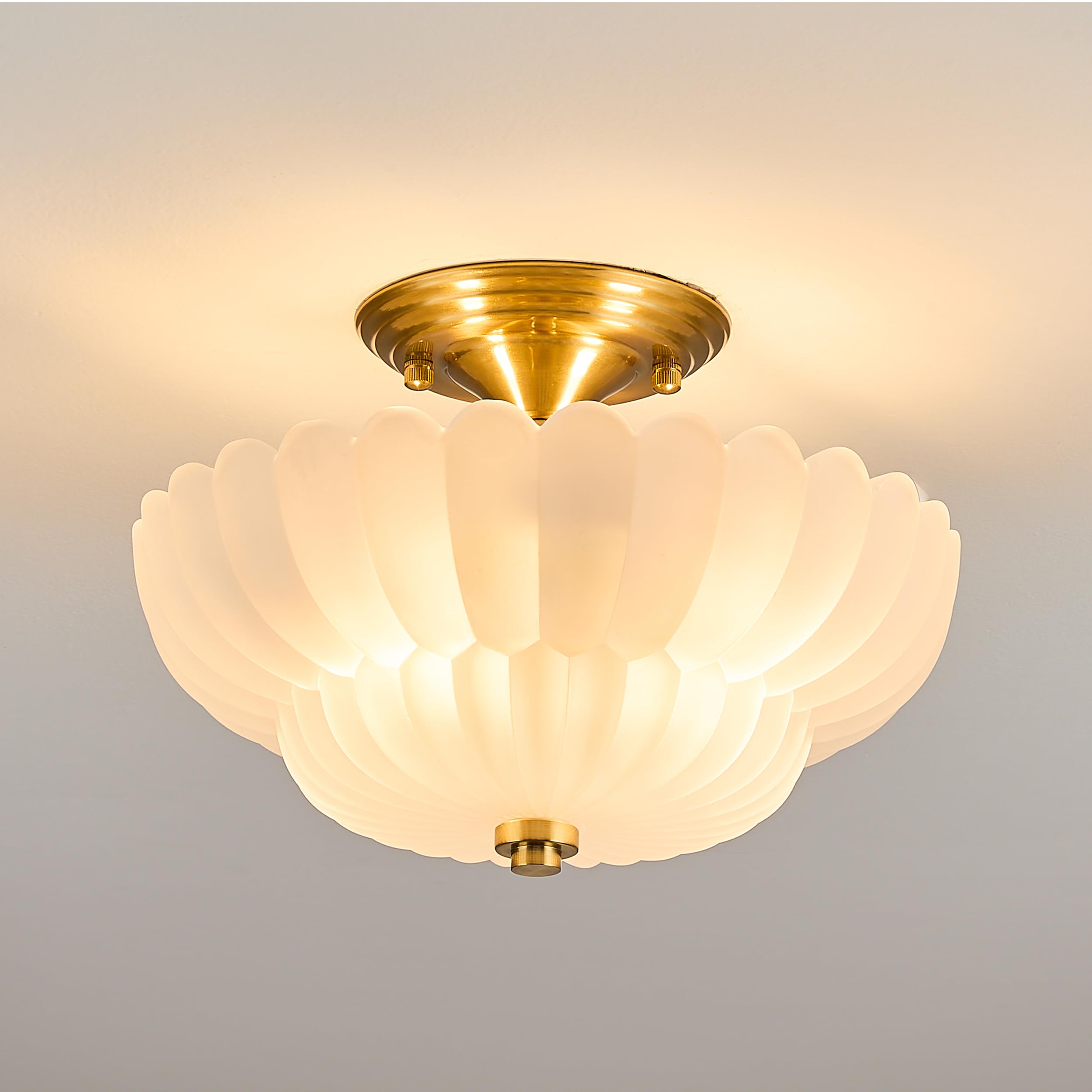 Photo 1 of Esther life Semi Flush Mount Ceiling Light, Scalloped Frosted Glass Close to Ceiling Light Fixtures with 2 Lights, Gold Vintage Light fixtures for Bedroom Living Room Entryway Hallway, Milk White