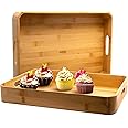 Defined Deco Natural Bamboo Serving Trays, Bamboo Rectangular Tays Sets of 2 with Handles for Food, Meals, Breads or Vanity Storage, Bamboo Eating Trays for Dinner Wedding Parties Dessert Drinks