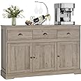 Keyluv Buffet Storage Cabinet, Sideboard Farmhouse Server Bar Wine Cabinet with 3 Drawers & 3 Doors Adjustable Shelves Console Table for Kitchen, Dining Living Room Cupboard, Grey Wash