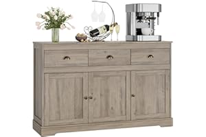 Keyluv Buffet Storage Cabinet, Sideboard Farmhouse Server Bar Wine Cabinet with 3 Drawers & 3 Doors Adjustable Shelves Console Table for Kitchen, Dining Living Room Cupboard, Grey Wash