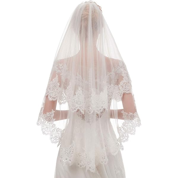 Women\'s Short 2 Tier Lace Wedding Bridal Veil With Comb L24 Simple Two-layer Sequined Lace Wedding Veil Short Cathedral  main image 2