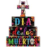 Day of The Dead Door Hanging Wreath Sign for Front Door Mantel | Wood Dia De Los Muertos Hanging Sign for Altar de Muertos Door Porch Wall Outdoor Decor