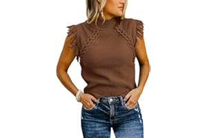 Saodimallsu Womens Sleeveless Sweater Vest Mock Neck Cable Knit Fringe Cap Sleeve Boho Trendy Pullover Tank Tops