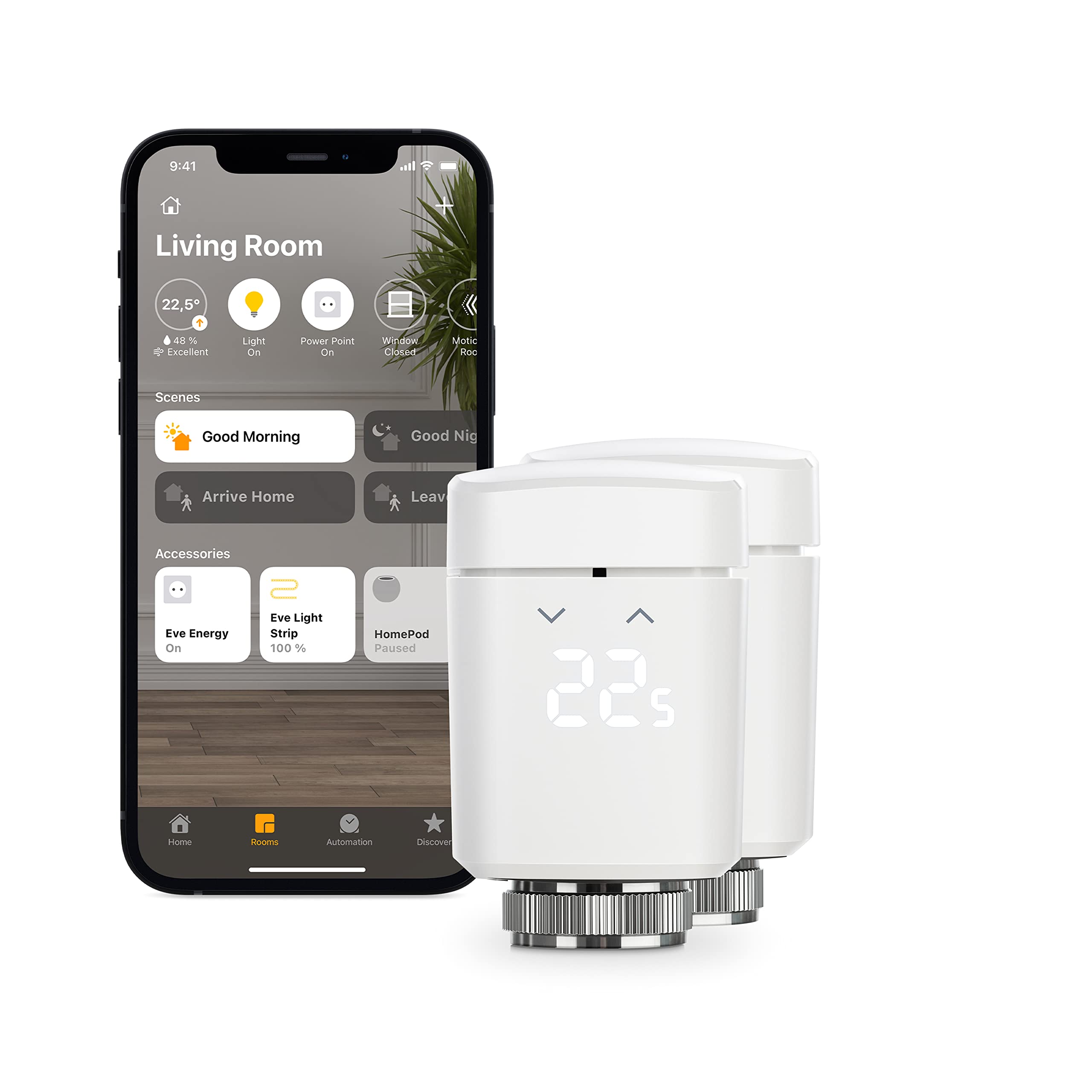 Eve Thermo, pack of 2 - Smart Radiator Valve with LED Display, automatic temperature control, no bridge required, integrated touch controls, Bluetooth, Apple HomeKit, Made in Germany