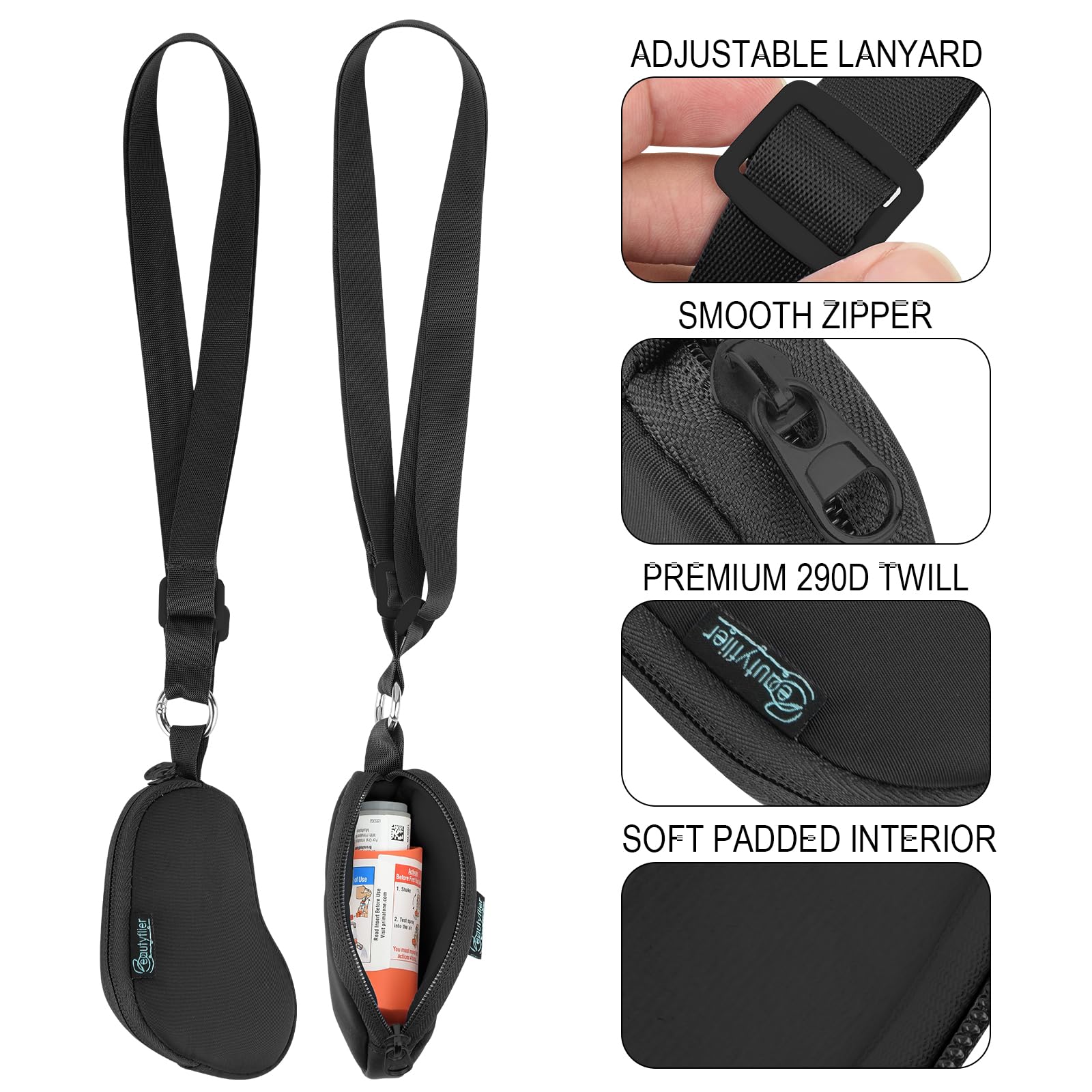 Beautyflier Asthma Inhaler Case Lanyard Holder Keychain Travel Handy Mini Bag for Adults and Kids, Does Not Include Inhaler (Black)