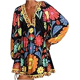 RoseSeek Women's Boho Floral V Neck Mini Dresses Bishop Sleeve Tie Open Back Tropical Dress
