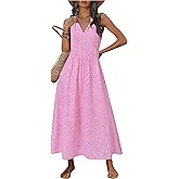 Newshows Women's 2025 Summer Maxi Dresses Halter V Neck Eyelet Hollow Out Long Flowy Beach Vacation Boho Dress with Pockets