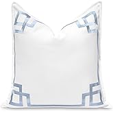 Hofdeco Premium Coastal Patio Indoor Outdoor Throw Pillow Cover Only, 20"x20" Water Repellent for Backyard, Couch, Baby Blue Embroidered Frame Greek Key