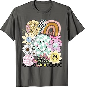 Funny Checkered Happy Smiling Smile Face Daisy Flower Girl T-Shirt