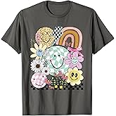 Funny Checkered Happy Smiling Smile Face Daisy Flower Girl T-Shirt