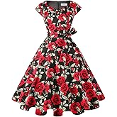 Kingfancy Women Vintage 1950s Dress Retro Cocktail Party Swing Dresses with Cap Sleeves