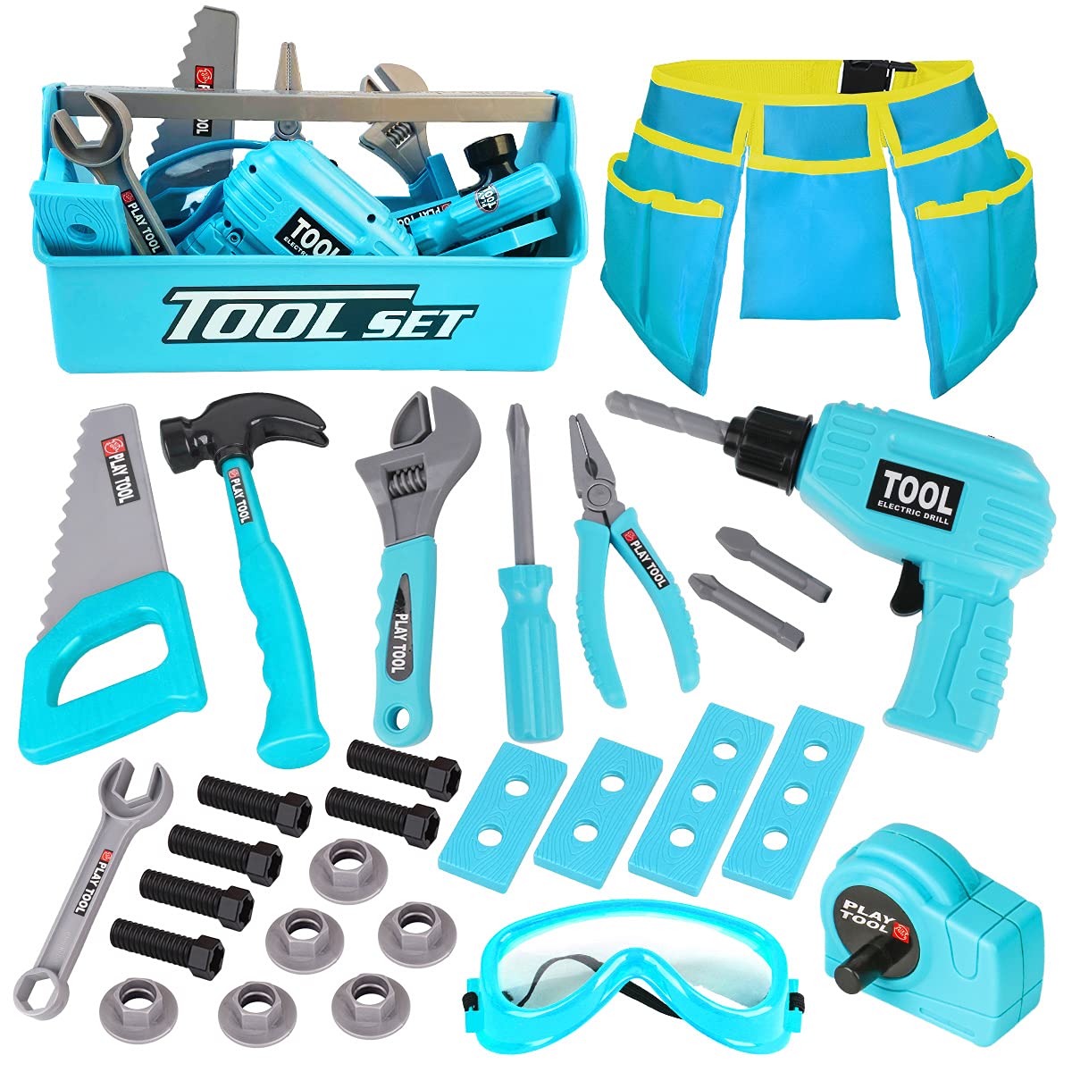 LOYO Kids Tool Set - 30Pcs Pretend Play Tool Box with Belt, Electric Toy Drill, Construction Tool Toys for 3-6 Year Old Boys Girls Gifts (Blue)