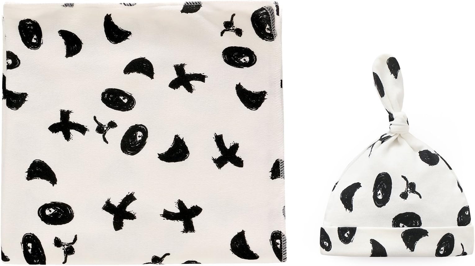 100% Cotton Knitted Baby Swaddle Blanket with Hat Set, 90x90 cm, Newborn Swaddle Wrap, Receiving Blankets, Burping Cloth, Stroller Cover for Boys Girls (Black Panda)