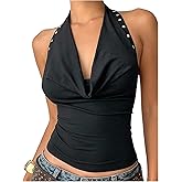 MakeMeChic Women's Halter Top Draped Rivet Studded Backless Y2K Punk Party Crop Tops