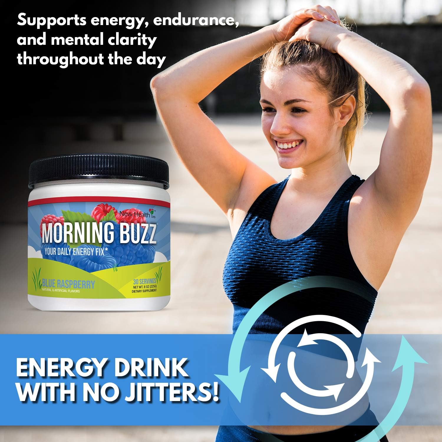 Morning Buzz Sports Energy Drink Mix by New Health, Pre Workout, Sports Nutrition Drink, Supports Lasting Energy, Endurance, Mental Clarity, and Metabolism, 8 Ounce Powder, 30 Servings(Blue Raspberry): Health & Personal Care