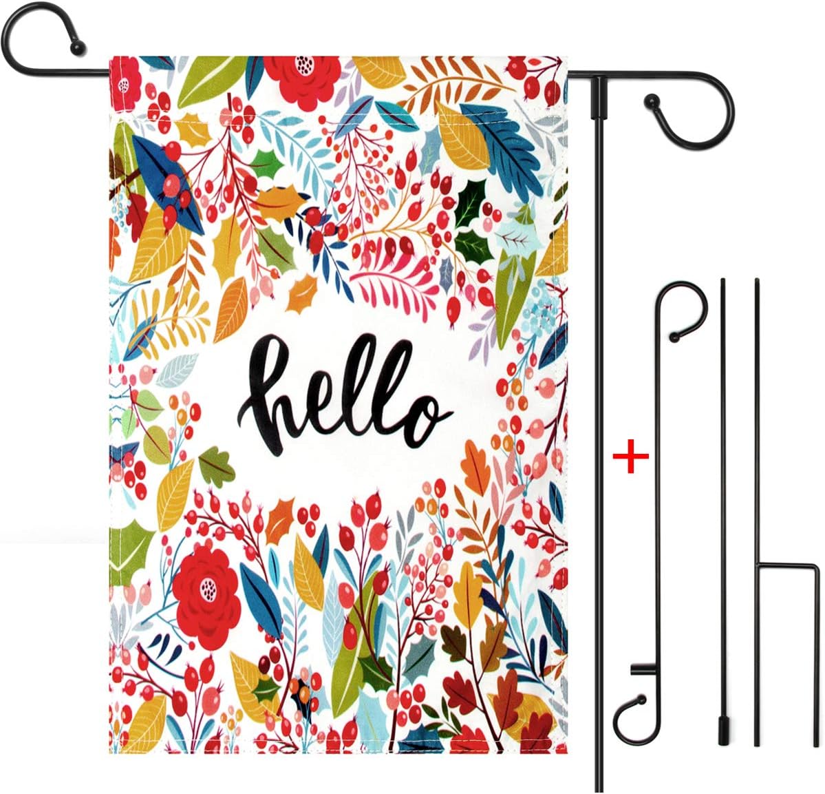 Coolrunner Hello Floral Leaf Garden Flag, Vertical Double Sided 12 x 18 Inch Decorative Flag for Easter Spring Summer Fall Garden Welcome Yard Outdoor Decor (Garden Flag + Flag Pole)