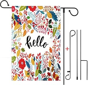 Coolrunner Hello Floral Leaf Garden Flag, Vertical Double Sided 12 x 18 Inch Decorative Flag for Easter Spring Summer Fall Garden Welcome Yard Outdoor Decor (Garden Flag + Flag Pole)