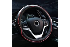 Valleycomfy Steering Wheel Covers Universal 15 inch - Genuine Leather, Breathable, Anti Slip & Odor Free (Black with Red Lines, M(14" 1/2-15" 1/4))