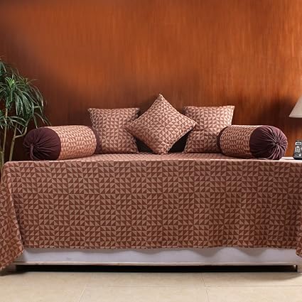 House This The Chaotic Triangles Cotton Diwan Set- 1 Single Bedcover, 2 Bolster Covers & 3 Cushion Covers -152x229 Cms/61x92 Inches -Brown