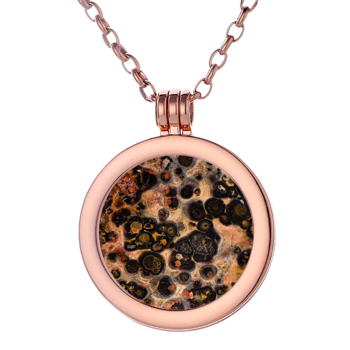 Morella Women Necklace 70 cm 27.5" Stainless Steel Rose Gold and Pendant with Gemstone Leopard Jasper Coin 33 mm 1.3" Chakra Plate in Velvet Bag