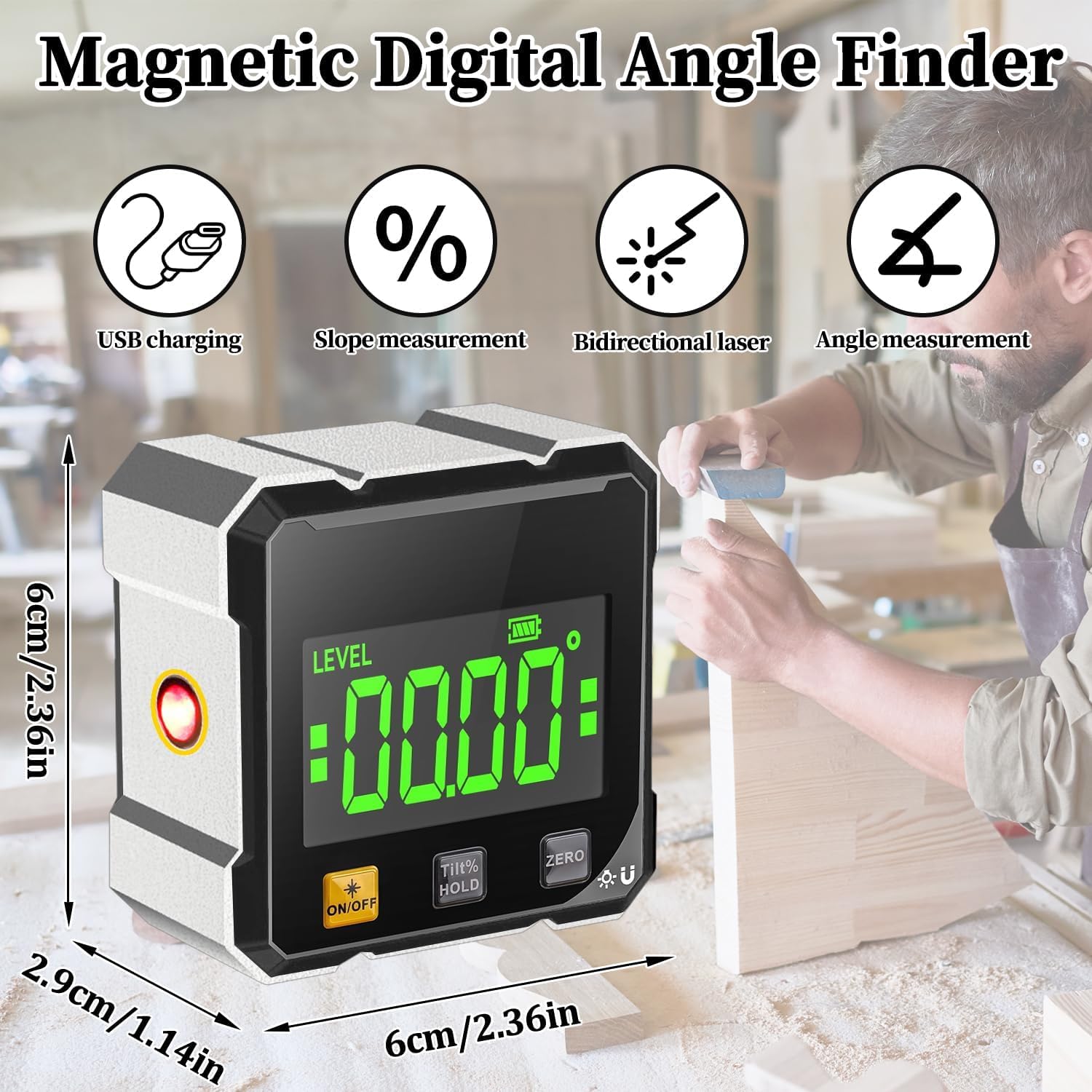 Digitaler Winkelmesser mit Laser, 4-seitig Magnetisch mit LCD Display, Type-C Schnittstelle IP54 Wasserdicht, ±0,2° Präzision Inklinometer für BAU, Maschinen, DIY Arbeiten 7