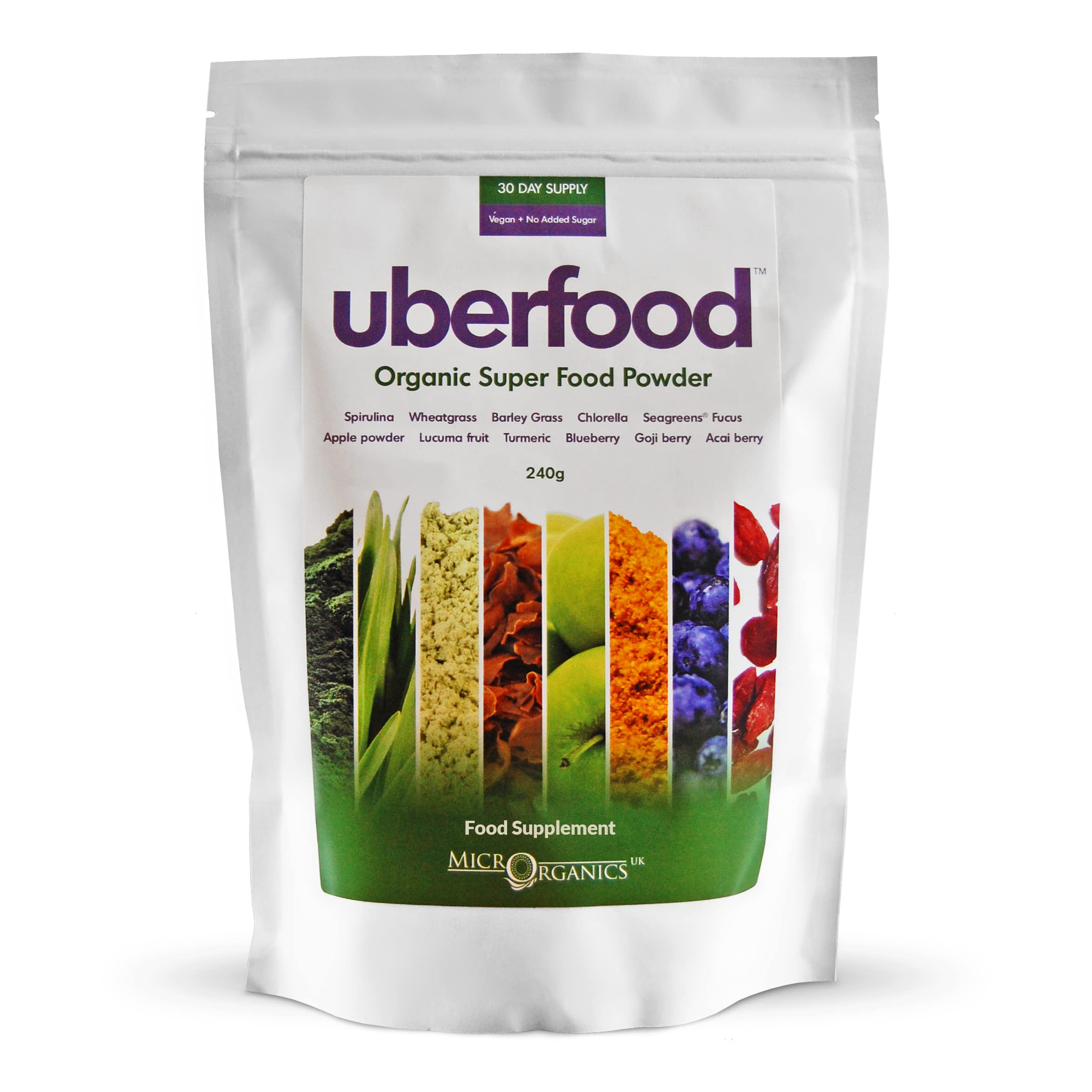 MicrOrganics Uberfood - Organic and Vegan Superfood Blend - 1 Month Supply - 240grams - Natural flavour, no added flavourings or sugar.