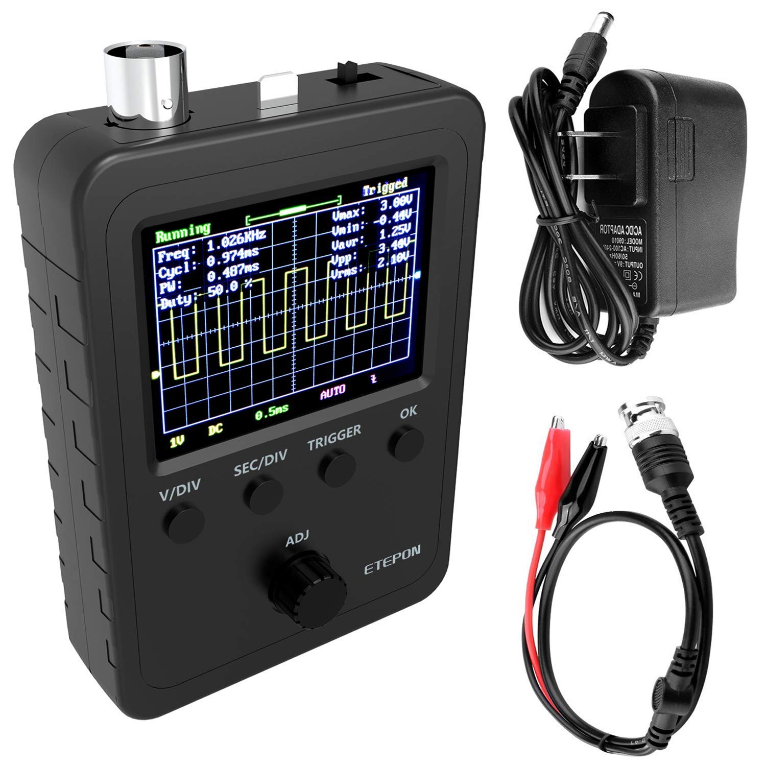 ETEPON Digital Oscilloscope Kit with BNC-Clip Cable Probe with Power Supply, (Assembled Finished Machine) EM001