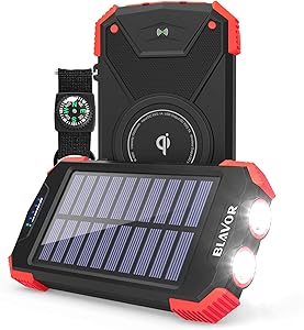 Solar Power Bank, Qi Portable Charger 10,000mAh External Battery Pack Type C Input Port Dual Flashlight, Compass, Solar Panel Charging （Red,10,000mAh）