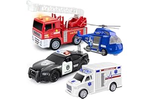 YNANIMERY 4 Pack Toy Cars- Fire Truck& Ambulance& Helicopter& Play Police Car Toys Set for 2 3 4 5 6 Year Old Boys Toddlers Gift, Emergency Vehicle Toy Playsets with Friction Powered & Lights & Sounds