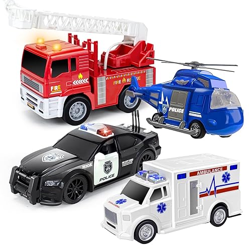 Pack Toy Cars- Fire Truck& Ambulance& Helicopter& Play Police