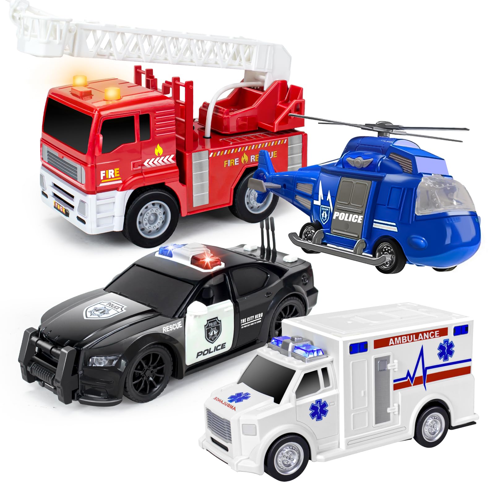 Photo 1 of 4 Pack Toy Cars- Fire Truck& Ambulance& Helicopter& Play Police Car Toys Set for 2 3 4 5 6 Year Old Boys Toddlers Gift, Emergency Vehicle Toy Playsets with Friction Powered & Lights & Sounds
