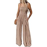 Dokotoo Women's Casual Loose Overalls Jumpsuits One Piece Sleeveless Printed Wide Leg Long Pant Rompers With Pockets