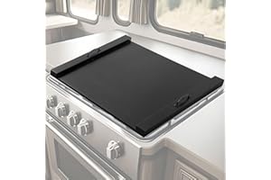 Maxdot Rv Stove Top Cover Board Wood Noodle Board Camper Stove Top Cover Countertop Cutting with 5 Pcs Adjustable Non-slip Rubber Feet Leg Juice Groove for Trailer Gas Burner Kitchen(Black)