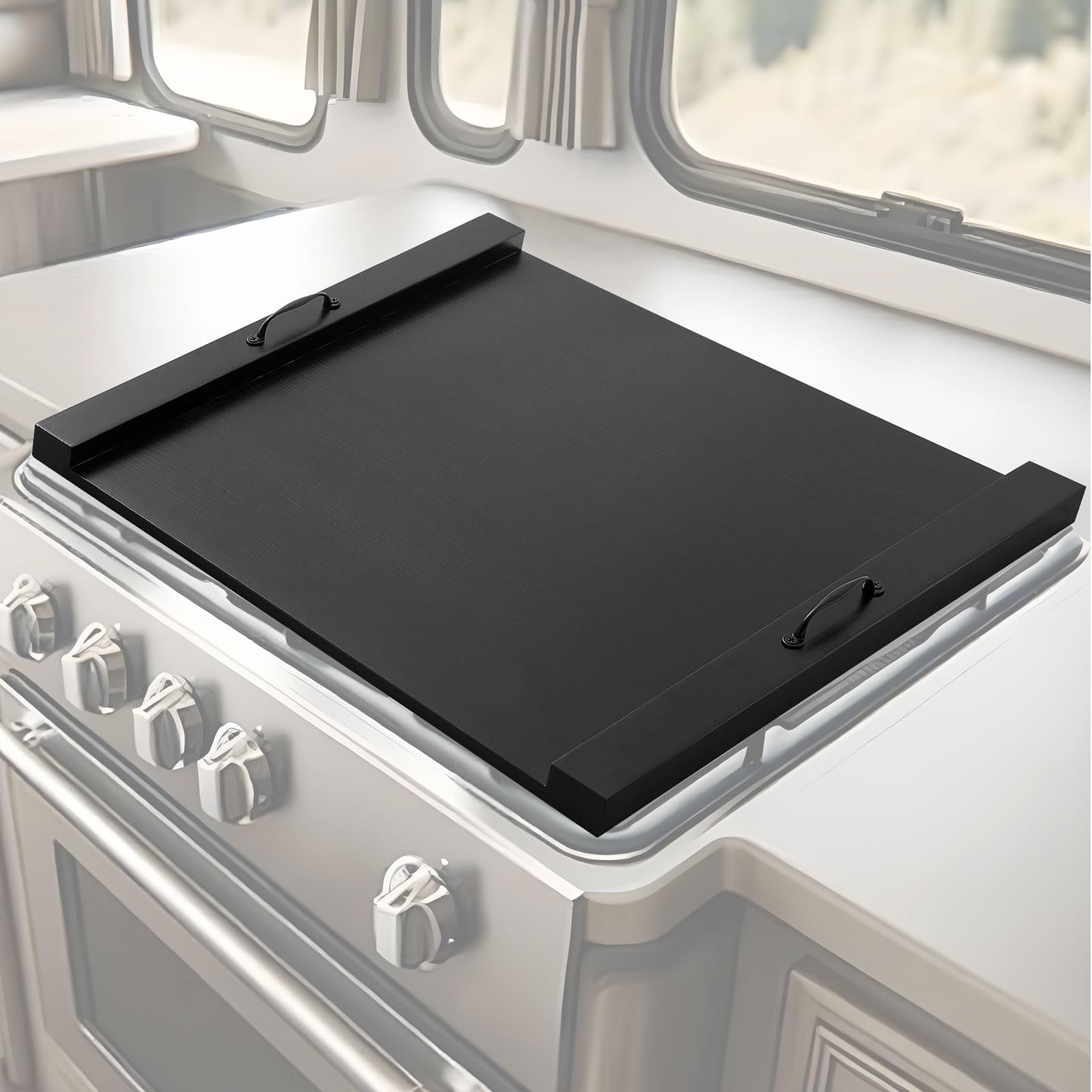 Photo 1 of !!!MISSING PARTS!!!!Maxdot Rv Stove Top Cover Board Wood Noodle Board Camper Stove Top Cover Countertop Cutting with 5 Pcs Adjustable Non-slip Rubber Feet Leg Juice Groove for Trailer Gas Burner Kitchen(Black)