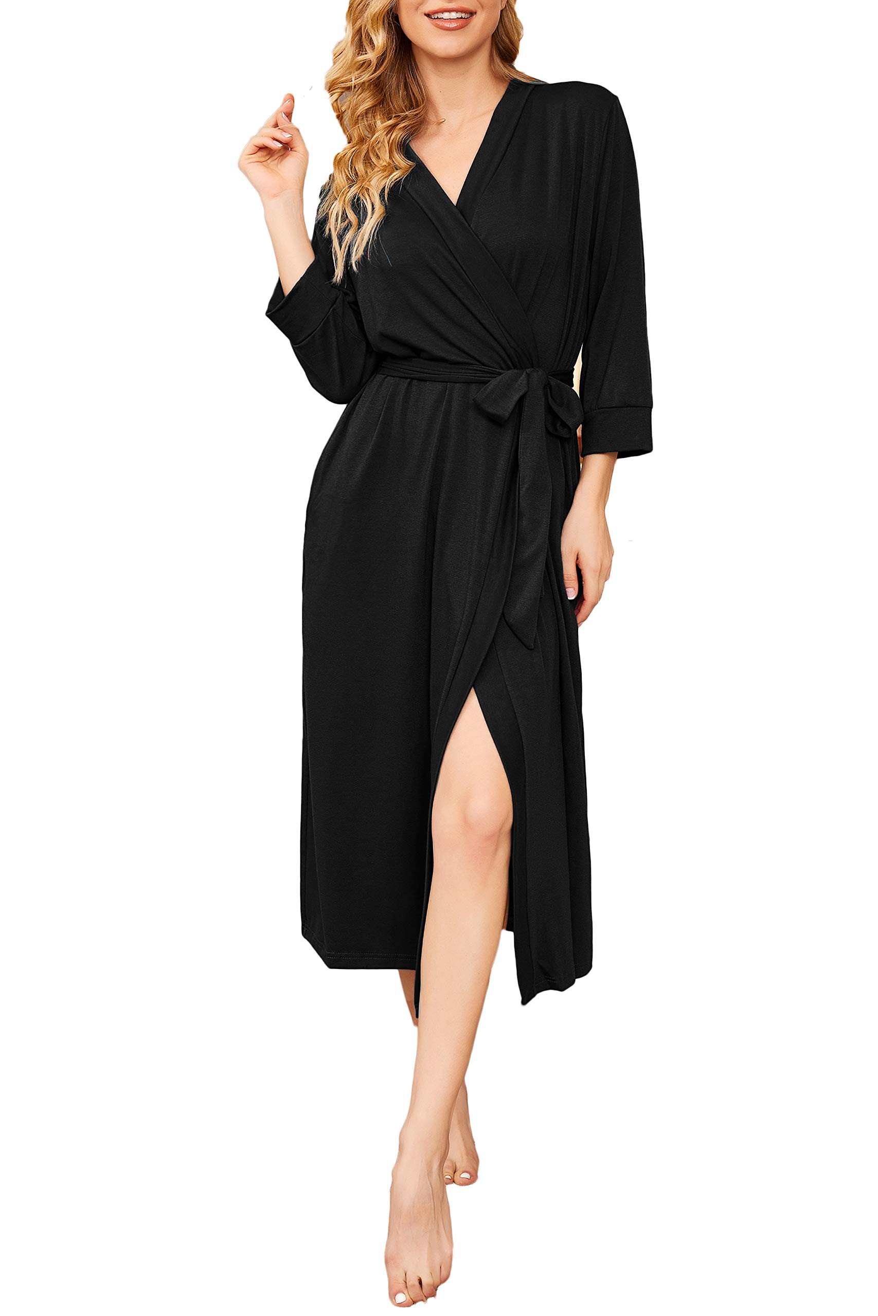 Sheshow Women Kimono Robes Long Knit Bathrobe Lightweight Soft Robes V-Neck Casual Ladies Loungewear
