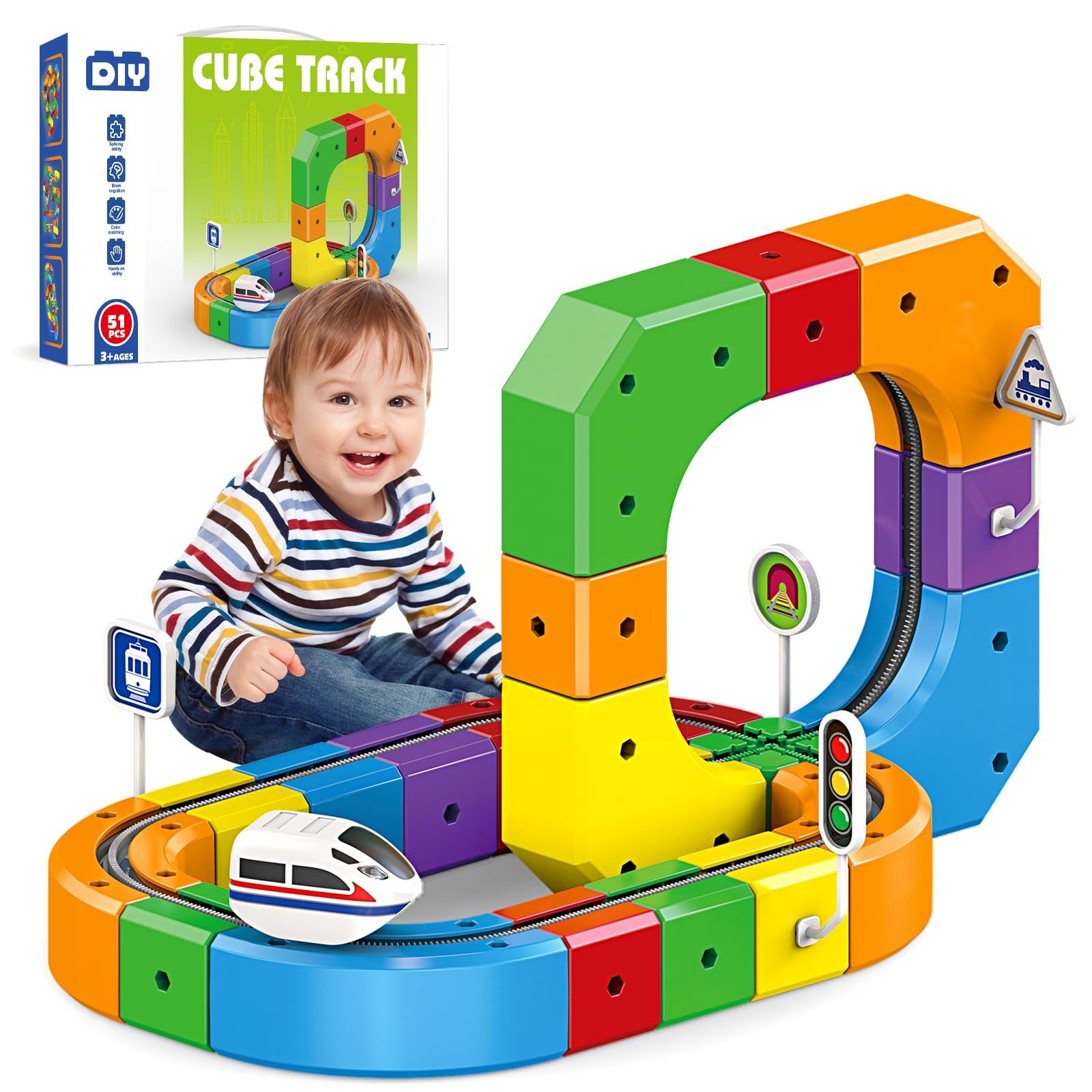 Clickrail Electric Train Set, Magnetic Track Fusion Train Toy, DIY Cube Track with Gravity-Defying Motorized Trains, 3D Embedded Layouts Trains Track Set Birthday Gifts for Kids Boys Girls