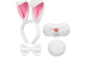 Parma77 Easter Bunny Costume Set, White Plush Bunny Ears Headband, Bowtie, Nose, Bunny Tail for Women Adults and Kids, Bunny Dress up Accessories for Halloween Party Supplies