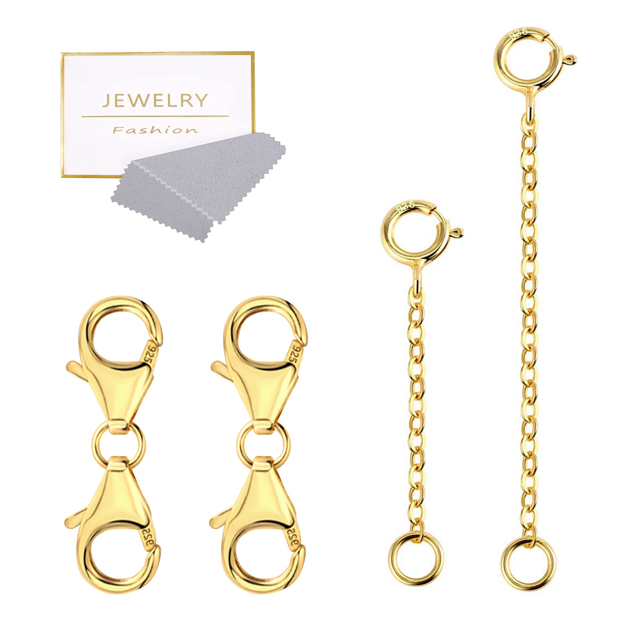 ALEXCRAFT 4Pcs Gold Double Lobster Clasp Necklace Extender, 925 Sterling Silver Gold Plated Jewelry Clasps for Necklace Bracelet Connector, Gold Extension Clasps for Necklace Chains Jewelry Making