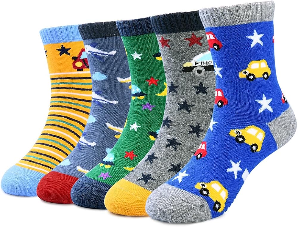 Boys Crew Socks Non Slip Ankle Socks Athletic Socks with Cartoon Car Pattern 5 Pair: Clothing